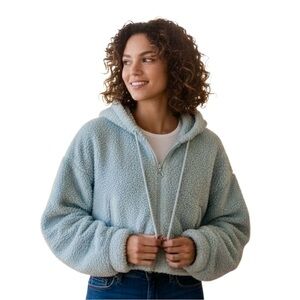 FLIRTITUDE L Light Blue Cropped Sherpa Teddy Jacket Hoodie R $44